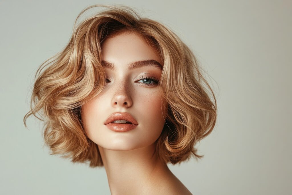 Femme aux cheveux courts coupés au carré et avec un magnifique baby blond