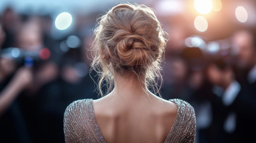 Célébrité, femme élégante vêtue coiffée d'un chignon raffiné, photographiée de dos lors d'un événement glamour sous les flashs des appareils photo.