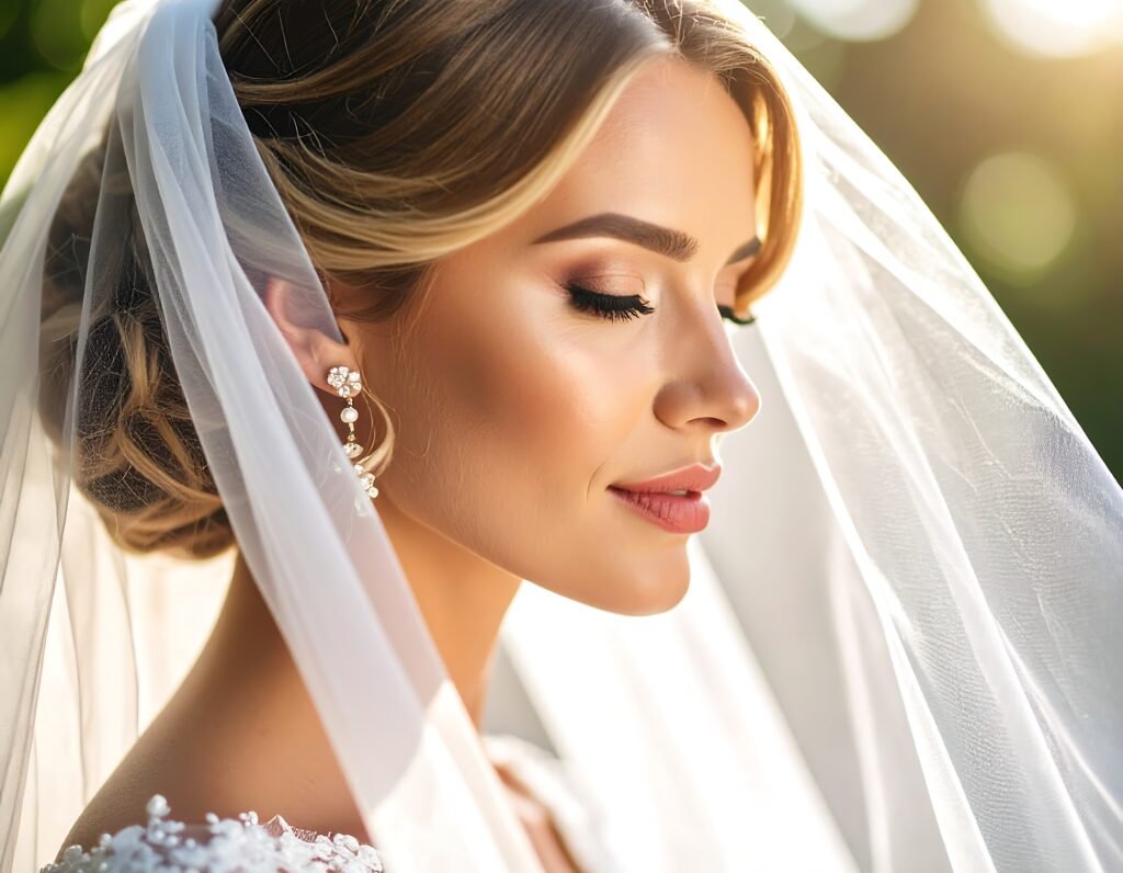 profil de la belle mariée portant un chignon bas